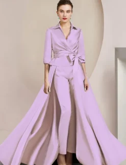Two Piece Jumpsuit / Pantsuit Mother of the Bride Formal Wedding Guest Elegant Shirt Collar Ankle Length Satin Half Sleeve with Bow(s)