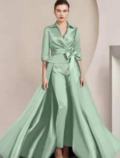 Two Piece Jumpsuit / Pantsuit Mother of the Bride Formal Wedding Guest Elegant Shirt Collar Ankle Length Satin Half Sleeve with Bow(s)