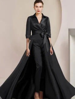 Two Piece Jumpsuit / Pantsuit Mother of the Bride Formal Wedding Guest Elegant Shirt Collar Ankle Length Satin Half Sleeve with Bow(s)