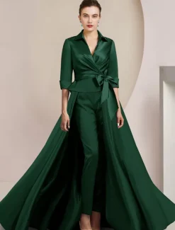 Two Piece Jumpsuit / Pantsuit Mother of the Bride Formal Wedding Guest Elegant Shirt Collar Ankle Length Satin Half Sleeve with Bow(s)
