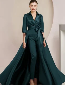 Two Piece Jumpsuit / Pantsuit Mother of the Bride Formal Wedding Guest Elegant Shirt Collar Ankle Length Satin Half Sleeve with Bow(s)