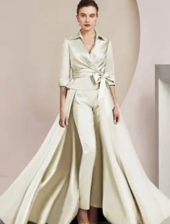 Two Piece Jumpsuit / Pantsuit Mother of the Bride Formal Wedding Guest Elegant Shirt Collar Ankle Length Satin Half Sleeve with Bow(s)