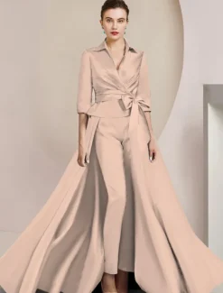 Two Piece Jumpsuit / Pantsuit Mother of the Bride Formal Wedding Guest Elegant Shirt Collar Ankle Length Satin Half Sleeve with Bow(s)