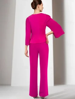 Two Piece Jumpsuits Mother of the Bride Wedding Guest Elegant Wrap Included Jewel Neck Ankle Length Stretch Chiffon 3/4 Length Sleeve with Bandage free custom size