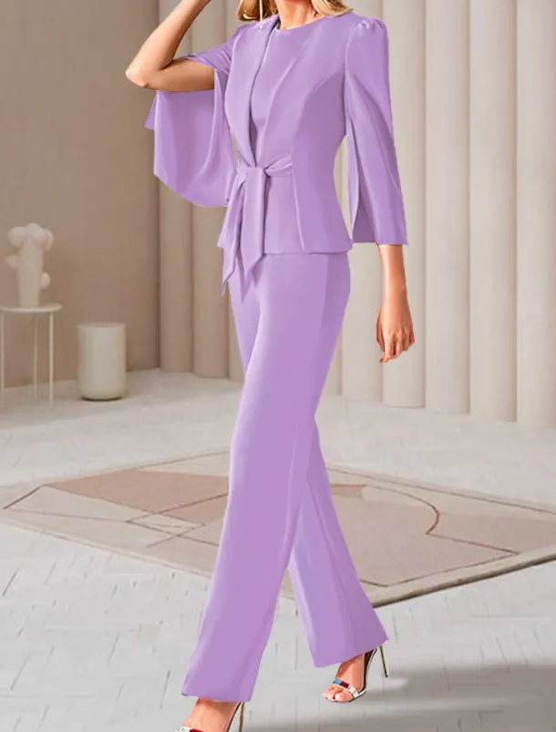Two Piece Jumpsuits Mother of the Bride Wedding Guest Elegant Wrap Included Jewel Neck Ankle Length Stretch Chiffon 3/4 Length Sleeve with Bandage free custom size