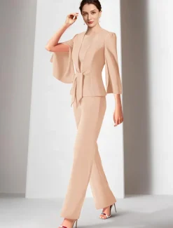 Two Piece Jumpsuits Mother of the Bride Wedding Guest Elegant Wrap Included Jewel Neck Ankle Length Stretch Chiffon 3/4 Length Sleeve with Bandage free custom size