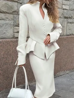 Two Piece Mermaid / Trumpet Mother of the Bride Dress Peplum Dress Elegant Simple Minimalist V Neck High Neck Tea Length Crepe Stretch Fabric Long Sleeve with Covered Buttons