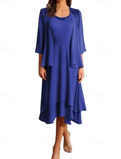 Two Piece Mother of the Bride Dress Formal Wedding Guest Elegant Vintage Crew Neck Tea Length Chiffon Half Sleeve Jacket Dresses with Sequin Cascading Ruffles