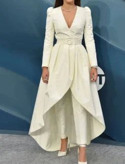 Two Piece Pantsuit Evening Gown Elegant Tuxedo Wedding Guest Engagement Floor Length Long Sleeve V Neck Fall Wedding Guest Satin with Sash / Ribbon Overskirt Appliques free custom size