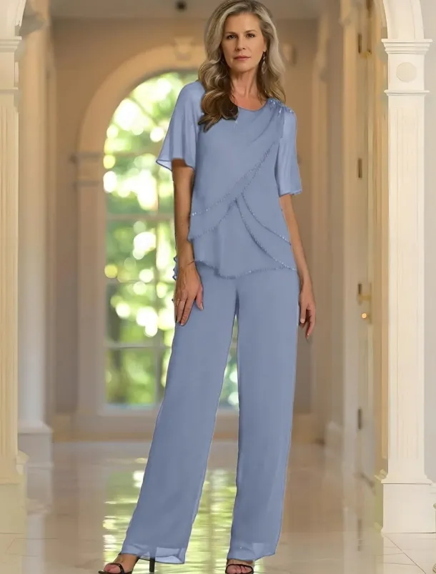 Two Piece Pantsuit Mother of the Bride Dress Elegant Crew Neck Floor Length Chiffon Short Sleeve with Lace Embroidery Cascading Ruffles