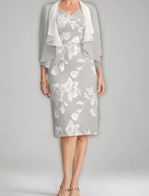 Two Piece Sheath / Column Mother of the Bride Dress Elegant Vintage V Neck Tea Length Chiffon Floral Lace Applique 3/4 Length Sleeve With Ruffled Jacket Race Day Dress