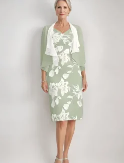 Two Piece Sheath / Column Mother of the Bride Dress Elegant Vintage V Neck Tea Length Chiffon Floral Lace Applique 3/4 Length Sleeve With Ruffled Jacket Race Day Dress