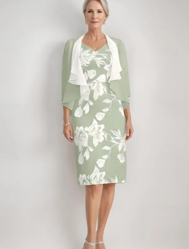 Two Piece Sheath / Column Mother of the Bride Dress Elegant Vintage V Neck Tea Length Chiffon Floral Lace Applique 3/4 Length Sleeve With Ruffled Jacket Race Day Dress