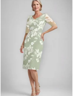 Two Piece Sheath / Column Mother of the Bride Dress Elegant Vintage V Neck Tea Length Chiffon Floral Lace Applique 3/4 Length Sleeve With Ruffled Jacket Race Day Dress