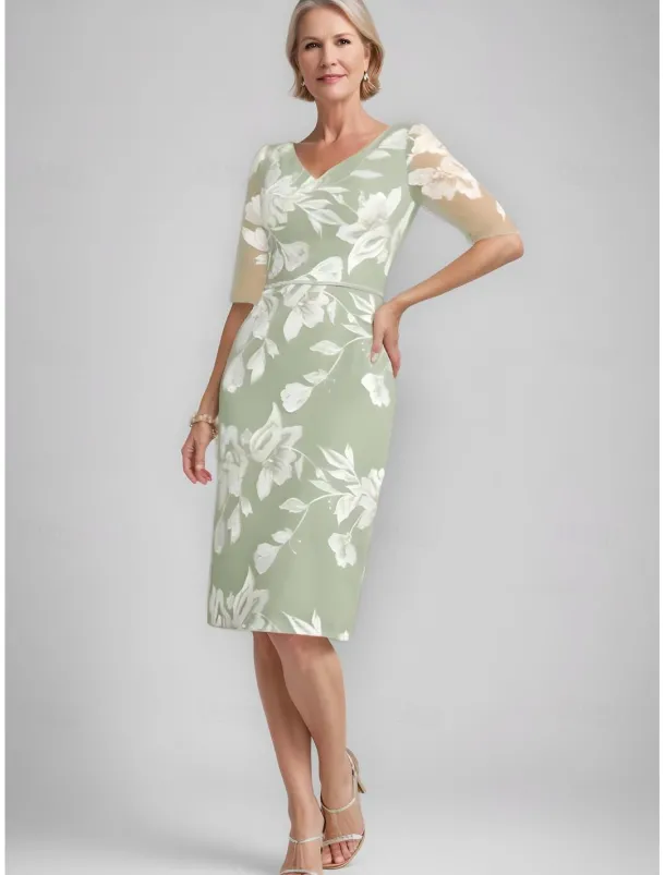 Two Piece Sheath / Column Mother of the Bride Dress Elegant Vintage V Neck Tea Length Chiffon Floral Lace Applique 3/4 Length Sleeve With Ruffled Jacket Race Day Dress