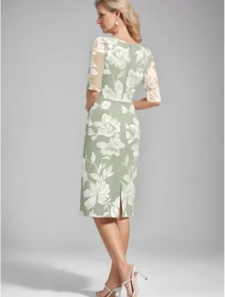 Two Piece Sheath / Column Mother of the Bride Dress Elegant Vintage V Neck Tea Length Chiffon Floral Lace Applique 3/4 Length Sleeve With Ruffled Jacket Race Day Dress