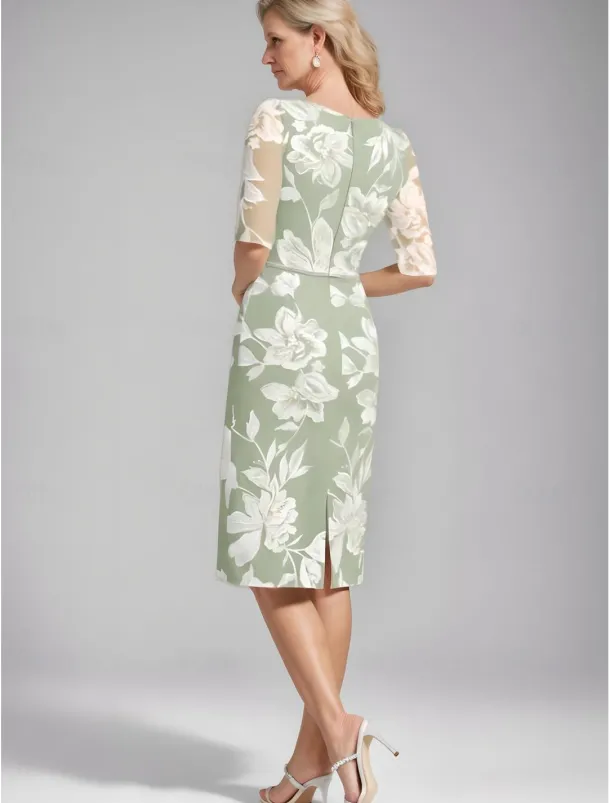 Two Piece Sheath / Column Mother of the Bride Dress Elegant Vintage V Neck Tea Length Chiffon Floral Lace Applique 3/4 Length Sleeve With Ruffled Jacket Race Day Dress