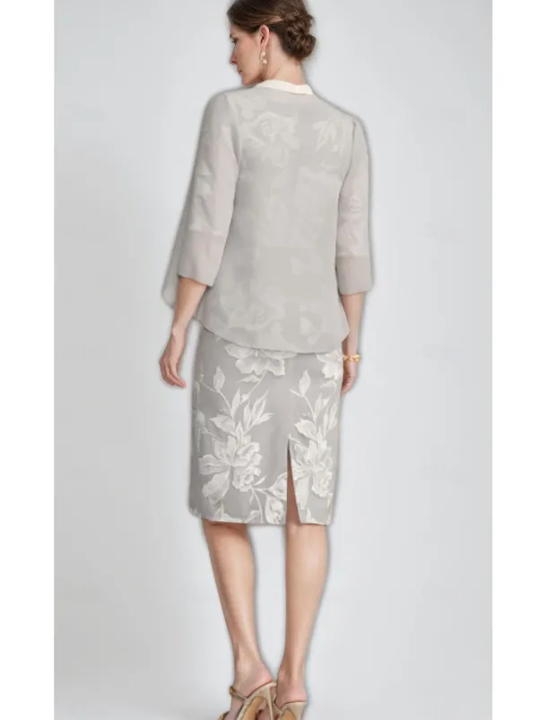 Two Piece Sheath / Column Mother of the Bride Dress Elegant Vintage V Neck Tea Length Chiffon Floral Lace Applique 3/4 Length Sleeve With Ruffled Jacket Race Day Dress