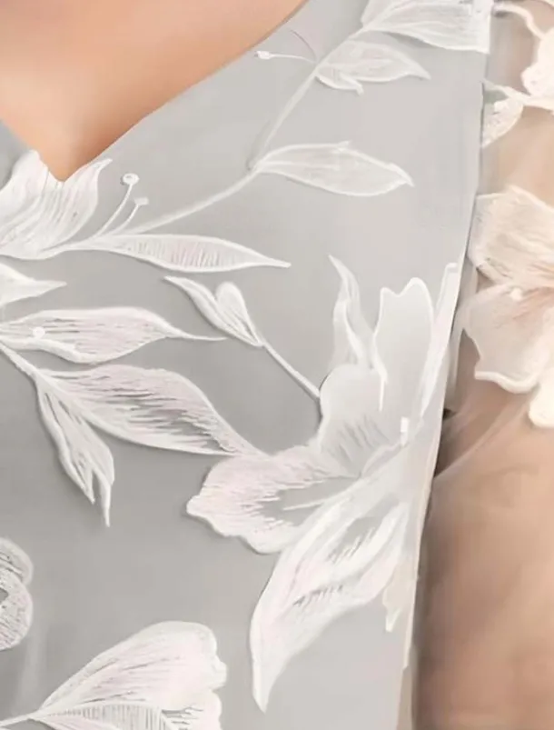 Two Piece Sheath / Column Mother of the Bride Dress Elegant Vintage V Neck Tea Length Chiffon Floral Lace Applique 3/4 Length Sleeve With Ruffled Jacket Race Day Dress