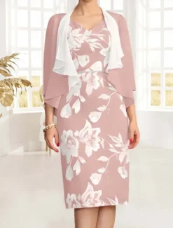 Two Piece Sheath / Column Mother of the Bride Dress Elegant Vintage V Neck Tea Length Chiffon Floral Lace Applique 3/4 Length Sleeve With Ruffled Jacket Race Day Dress