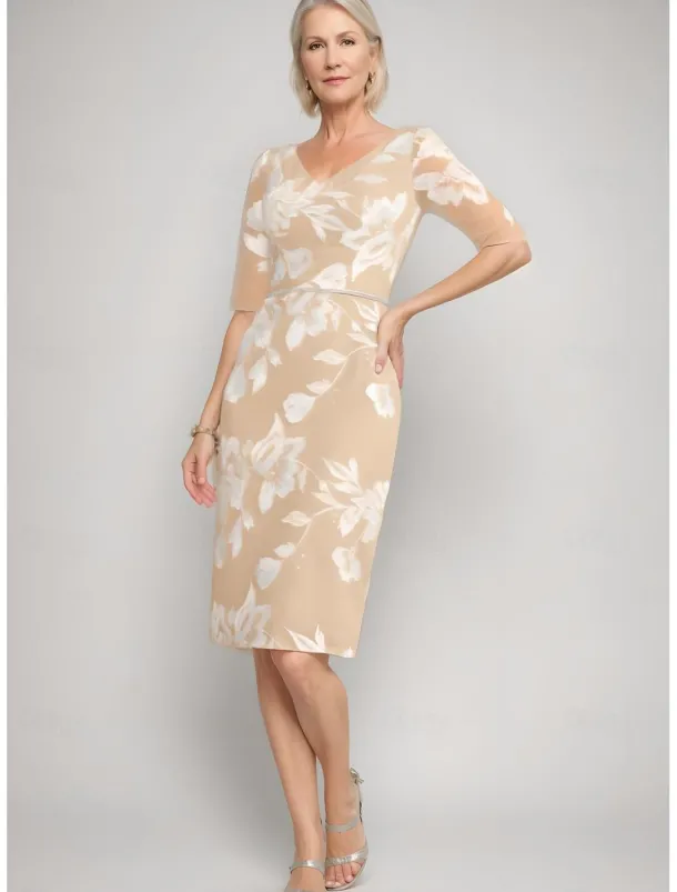 Two Piece Sheath / Column Mother of the Bride Dress Elegant Vintage V Neck Tea Length Chiffon Floral Lace Applique 3/4 Length Sleeve With Ruffled Jacket Race Day Dress