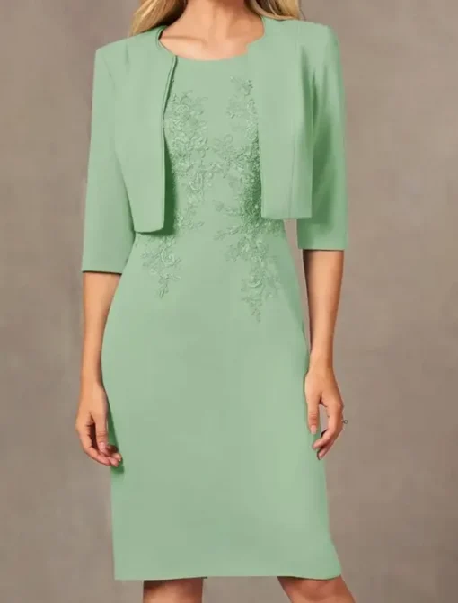 Two Piece Sheath / Column Dress Beach Wedding Suit Mother of the Bride Dress Simple Jewel Neck Knee Length Stretch Fabric Jacket Dresses with Embroidery Appliques Race Day Dress
