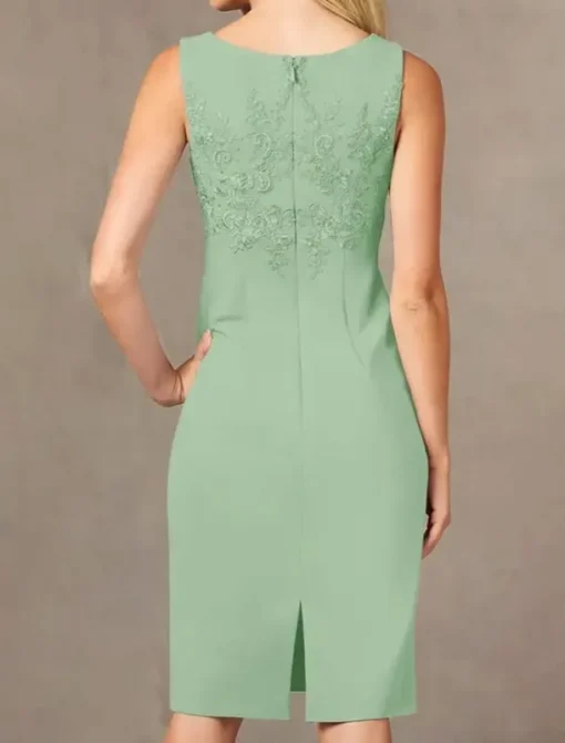 Two Piece Sheath / Column Dress Beach Wedding Suit Mother of the Bride Dress Simple Jewel Neck Knee Length Stretch Fabric Jacket Dresses with Embroidery Appliques Race Day Dress