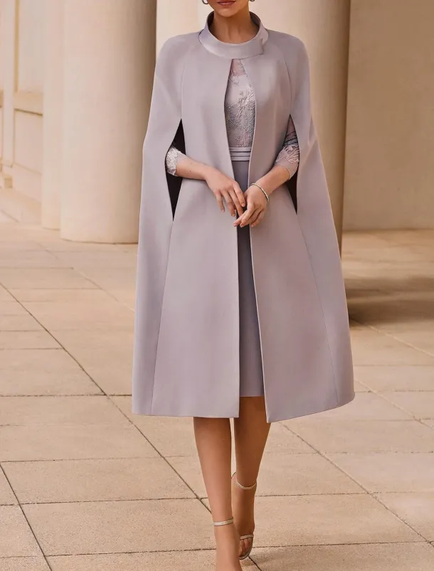 Two Piece Sheath / Column Mother of the Bride Dress Kentucky Elegant Dresses Wedding Guest Jewel Neck Tea Length Stretch Fabric 3/4 Length Sleeve with Lace Appliques Race Day Dress