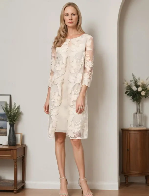 Two Piece Sheath / Column Mother of the Bride Dress Elegant Vintage Simple Crew Neck Tea Length Lace 3/4 Length Sleeve with Floral Embroidered Lace Applique