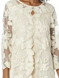 Two Piece Sheath / Column Mother of the Bride Dress Elegant Vintage Simple Crew Neck Tea Length Lace 3/4 Length Sleeve with Floral Embroidered Lace Applique