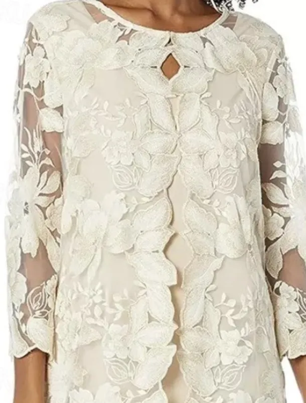 Two Piece Sheath / Column Mother of the Bride Dress Elegant Vintage Simple Crew Neck Tea Length Lace 3/4 Length Sleeve with Floral Embroidered Lace Applique