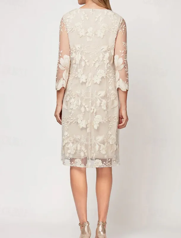Two Piece Sheath / Column Mother of the Bride Dress Elegant Vintage Simple Crew Neck Tea Length Lace 3/4 Length Sleeve with Floral Embroidered Lace Applique