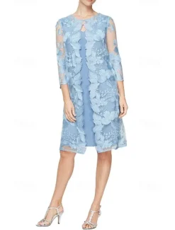 Two Piece Sheath / Column Mother of the Bride Dress Elegant Vintage Simple Crew Neck Tea Length Lace 3/4 Length Sleeve with Floral Embroidered Lace Applique