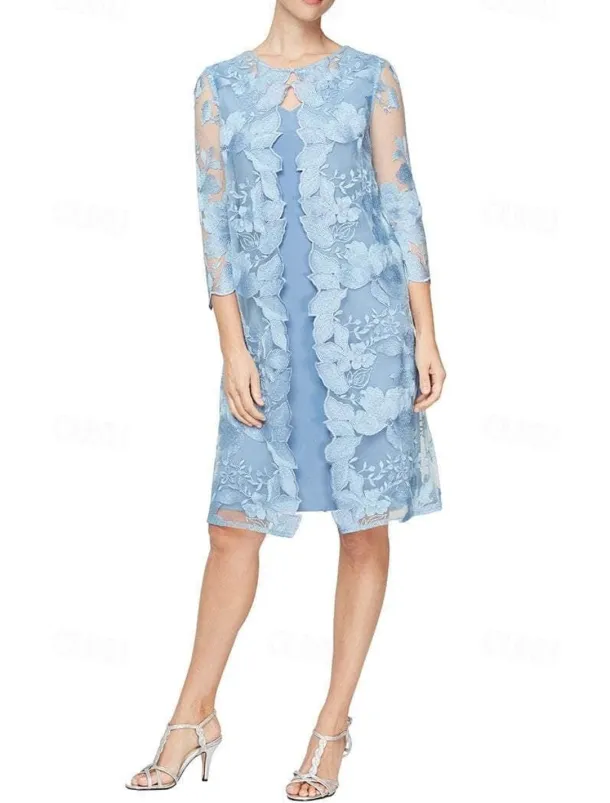Two Piece Sheath / Column Mother of the Bride Dress Elegant Vintage Simple Crew Neck Tea Length Lace 3/4 Length Sleeve with Floral Embroidered Lace Applique