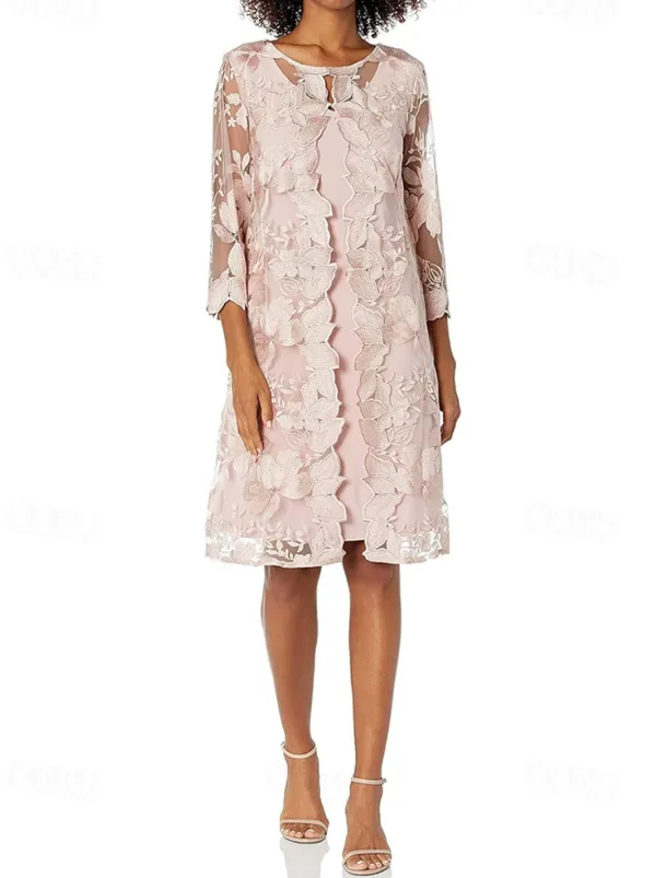 Two Piece Sheath / Column Mother of the Bride Dress Elegant Vintage Simple Crew Neck Tea Length Lace 3/4 Length Sleeve with Floral Embroidered Lace Applique