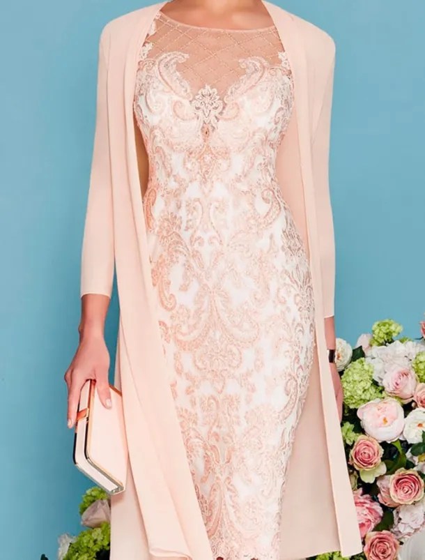 Two Piece Sheath Beach Wedding Mother of the Bride Dress Wedding Guest Elegant Jewel Neck Knee Length Chiffon Lace 3/4 Length Sleeve Wrap Included Jacket Dresses with Beading Appliques