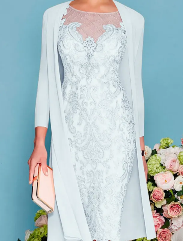 Two Piece Sheath Beach Wedding Mother of the Bride Dress Wedding Guest Elegant Jewel Neck Knee Length Chiffon Lace 3/4 Length Sleeve Wrap Included Jacket Dresses with Beading Appliques