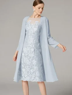 Two Piece Sheath Beach Wedding Mother of the Bride Dress Wedding Guest Elegant Jewel Neck Knee Length Chiffon Lace 3/4 Length Sleeve Wrap Included Jacket Dresses with Beading Appliques
