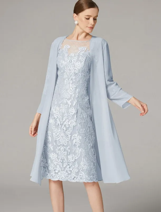 Two Piece Sheath Beach Wedding Mother of the Bride Dress Wedding Guest Elegant Jewel Neck Knee Length Chiffon Lace 3/4 Length Sleeve Wrap Included Jacket Dresses with Beading Appliques