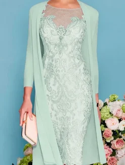 Two Piece Sheath Beach Wedding Mother of the Bride Dress Wedding Guest Elegant Jewel Neck Knee Length Chiffon Lace 3/4 Length Sleeve Wrap Included Jacket Dresses with Beading Appliques
