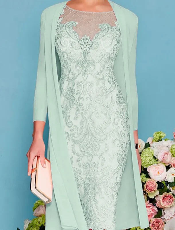 Two Piece Sheath Beach Wedding Mother of the Bride Dress Wedding Guest Elegant Jewel Neck Knee Length Chiffon Lace 3/4 Length Sleeve Wrap Included Jacket Dresses with Beading Appliques