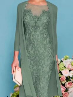 Two Piece Sheath Beach Wedding Mother of the Bride Dress Wedding Guest Elegant Jewel Neck Knee Length Chiffon Lace 3/4 Length Sleeve Wrap Included Jacket Dresses with Beading Appliques