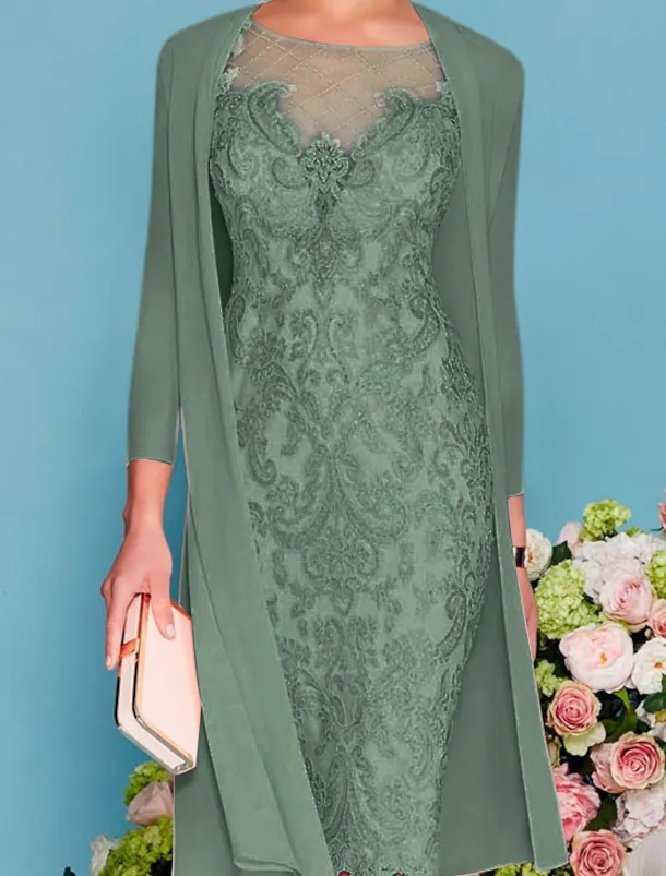 Two Piece Sheath Beach Wedding Mother of the Bride Dress Wedding Guest Elegant Jewel Neck Knee Length Chiffon Lace 3/4 Length Sleeve Wrap Included Jacket Dresses with Beading Appliques