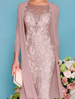 Two Piece Sheath Beach Wedding Mother of the Bride Dress Wedding Guest Elegant Jewel Neck Knee Length Chiffon Lace 3/4 Length Sleeve Wrap Included Jacket Dresses with Beading Appliques