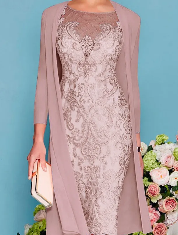Two Piece Sheath Beach Wedding Mother of the Bride Dress Wedding Guest Elegant Jewel Neck Knee Length Chiffon Lace 3/4 Length Sleeve Wrap Included Jacket Dresses with Beading Appliques