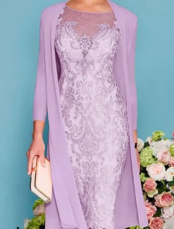 Two Piece Sheath Beach Wedding Mother of the Bride Dress Wedding Guest Elegant Jewel Neck Knee Length Chiffon Lace 3/4 Length Sleeve Wrap Included Jacket Dresses with Beading Appliques