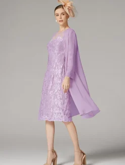 Two Piece Sheath Beach Wedding Mother of the Bride Dress Wedding Guest Elegant Jewel Neck Knee Length Chiffon Lace 3/4 Length Sleeve Wrap Included Jacket Dresses with Beading Appliques