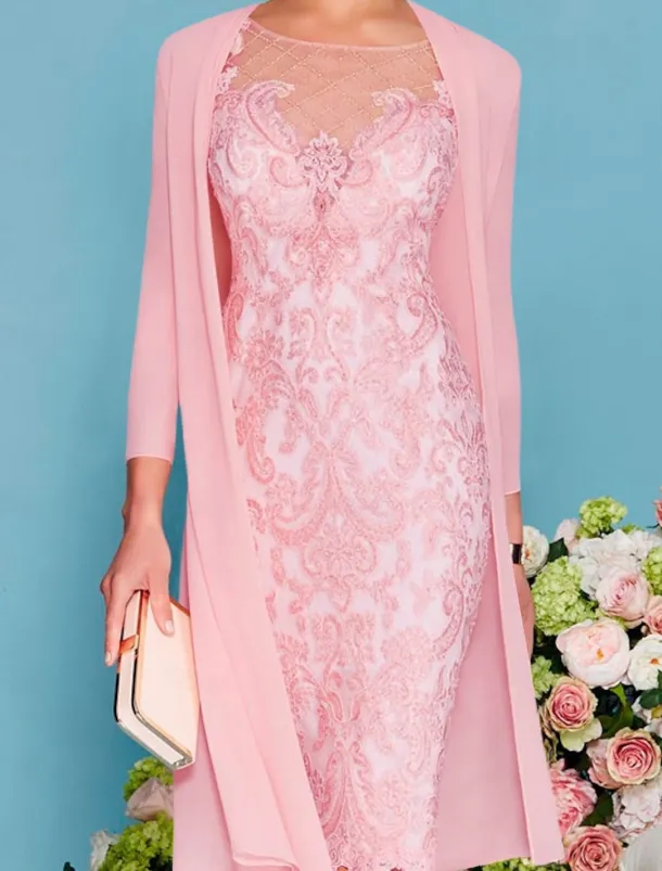 Two Piece Sheath Beach Wedding Mother of the Bride Dress Wedding Guest Elegant Jewel Neck Knee Length Chiffon Lace 3/4 Length Sleeve Wrap Included Jacket Dresses with Beading Appliques