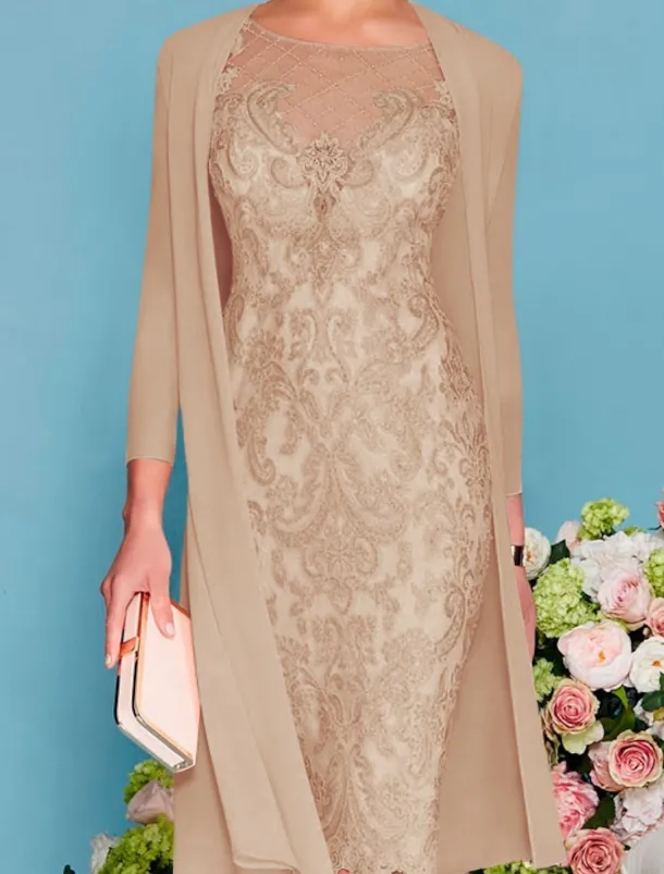 Two Piece Sheath Beach Wedding Mother of the Bride Dress Wedding Guest Elegant Jewel Neck Knee Length Chiffon Lace 3/4 Length Sleeve Wrap Included Jacket Dresses with Beading Appliques