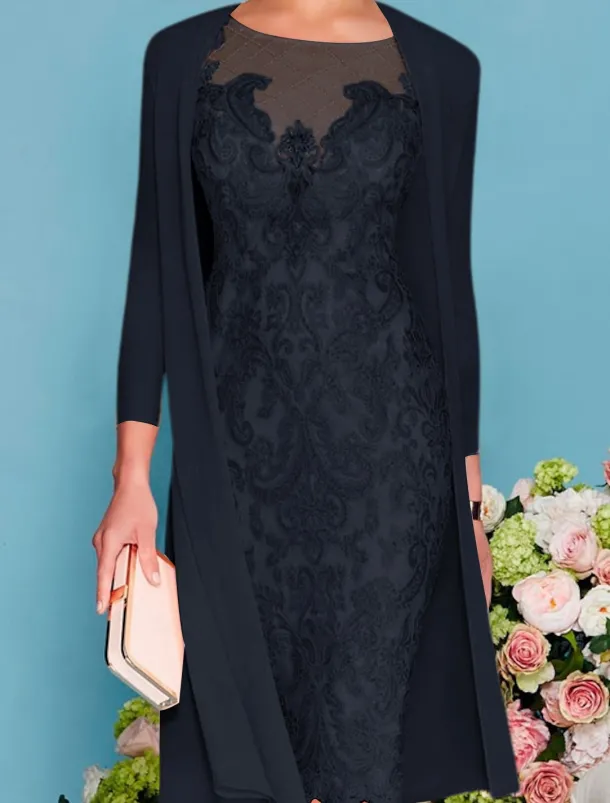 Two Piece Sheath Beach Wedding Mother of the Bride Dress Wedding Guest Elegant Jewel Neck Knee Length Chiffon Lace 3/4 Length Sleeve Wrap Included Jacket Dresses with Beading Appliques